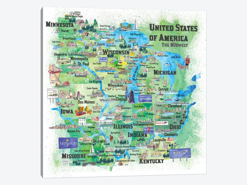 USA, Midwest States Travel Map by Markus & Martina Bleichner 1-piece Canvas Artwork