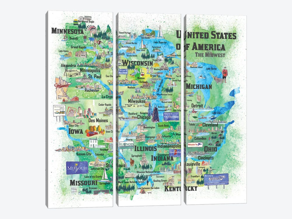USA, Midwest States Travel Map by Markus & Martina Bleichner 3-piece Canvas Wall Art