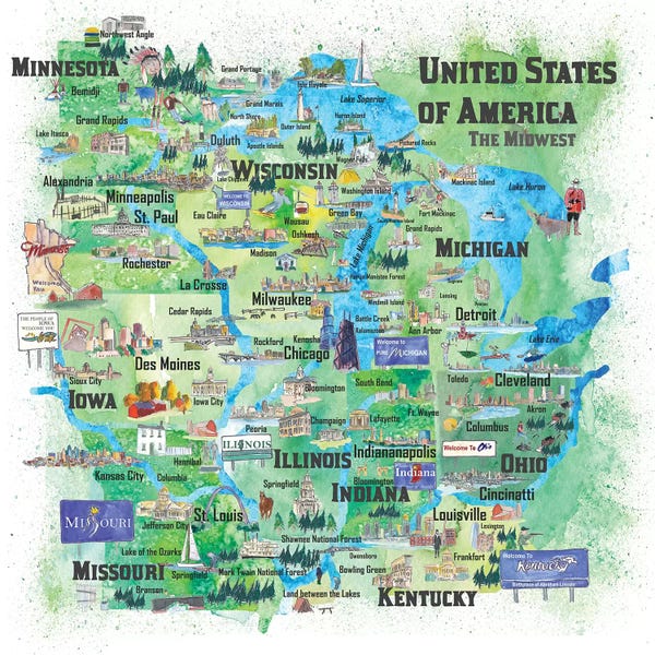USA, Midwest States Travel Map