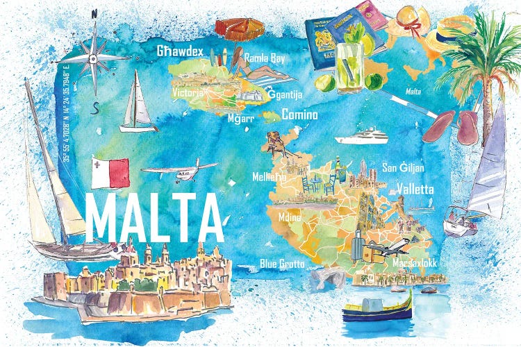 Malta Illustrated Island Travel Map With Roads And Highlights