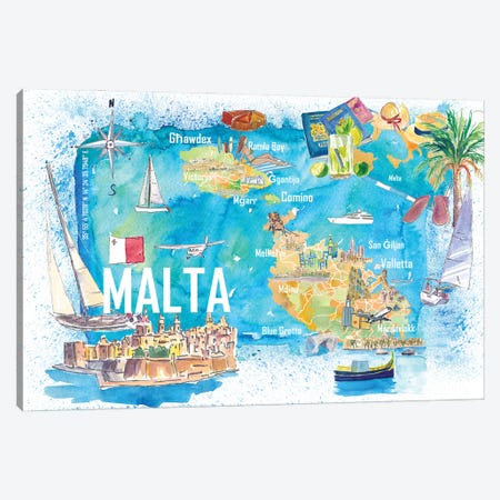 Malta Illustrated Island Travel Map With Roads And Highlights Canvas Print #MMB574} by Markus & Martina Bleichner Canvas Artwork