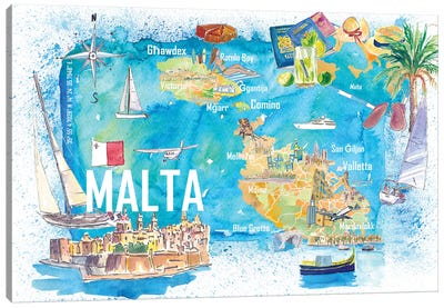 Malta Illustrated Island Travel Map With Roads And Highlights Canvas Art Print - Country Maps