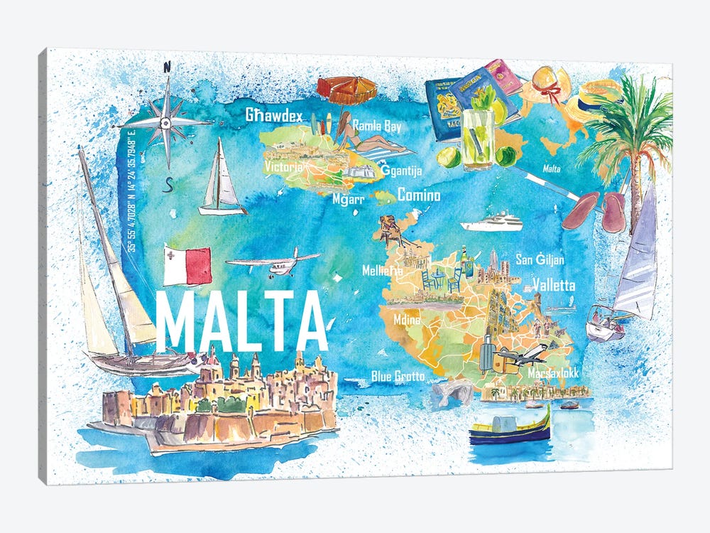 Malta Illustrated Island Travel Map With Roads And Highlights by Markus & Martina Bleichner 1-piece Canvas Art