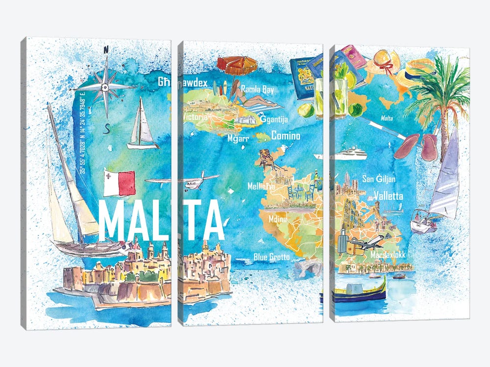 Malta Illustrated Island Travel Map With Roads And Highlights by Markus & Martina Bleichner 3-piece Canvas Art