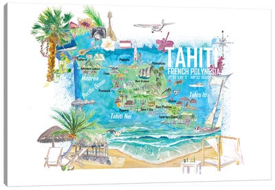 Tahiti Illustrated Travel Map With Roads And Highlights Canvas Art Print - French Polynesia Art