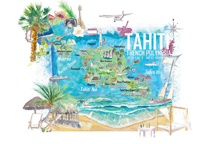 Tahiti Illustrated Travel Map With Roads And Highlights