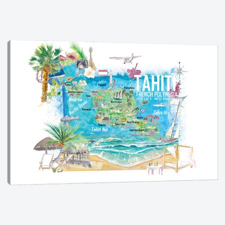Tahiti Illustrated Travel Map With Roads And Highlights Canvas Print #MMB577} by Markus & Martina Bleichner Canvas Artwork