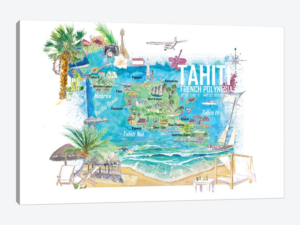 Tahiti Illustrated Travel Map With Roads And Highlights by Markus & Martina Bleichner 1-piece Art Print