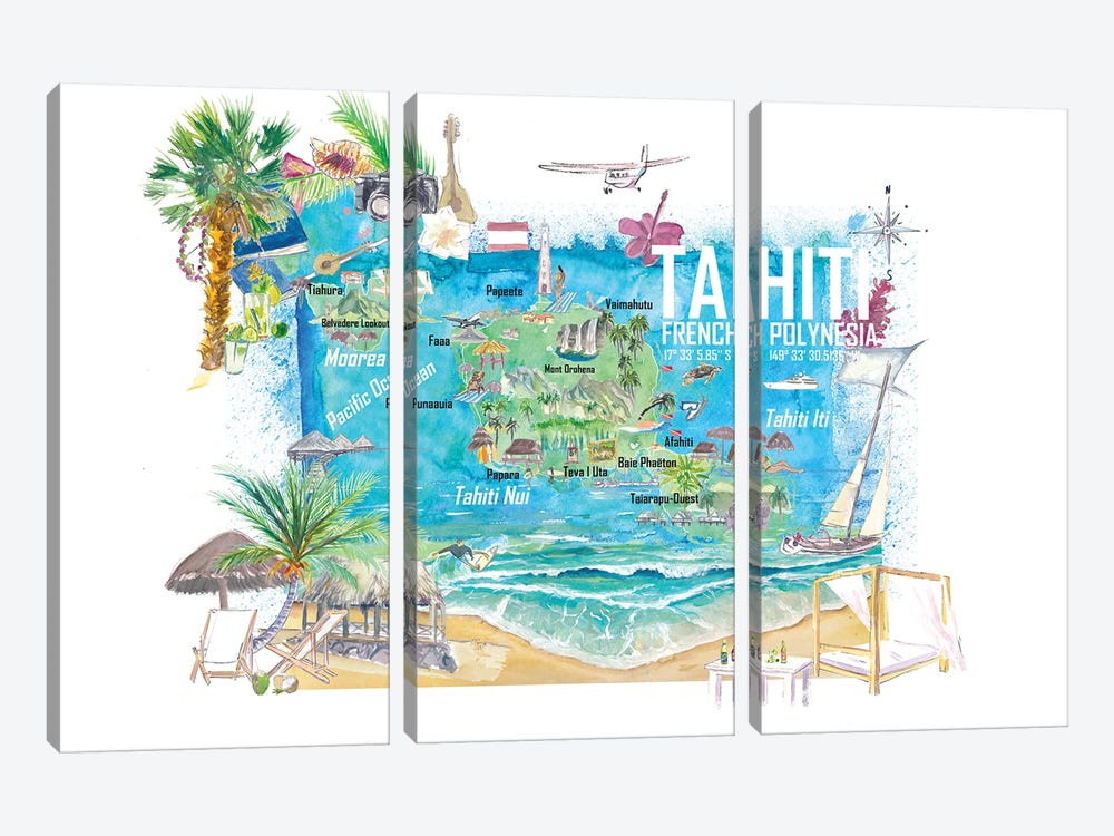 Tahiti Illustrated Travel Map With Roads And Highlights by Markus & Martina Bleichner 3-piece Art Print