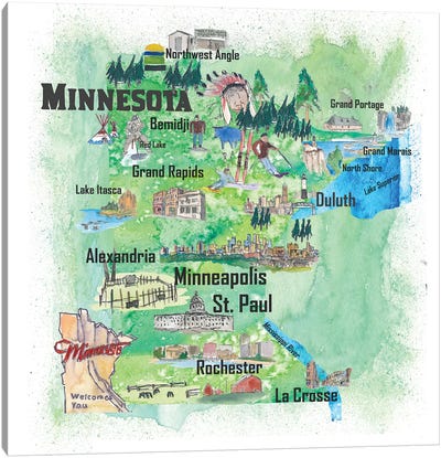 USA, Minnesota Illustrated Travel Poster Canvas Art Print - Minnesota Art