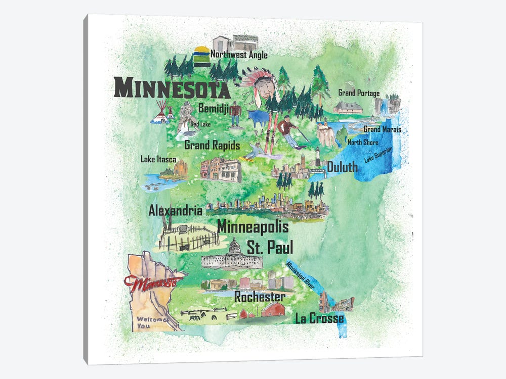 USA, Minnesota Illustrated Travel Poster by Markus & Martina Bleichner 1-piece Art Print