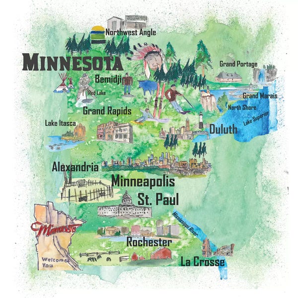 Kids Map Art: USA, Minnesota Illustrated Travel Poster by Markus & Martina Bleichner