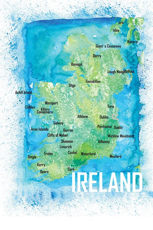 Ireland Watercolor Map With Cities And Roads