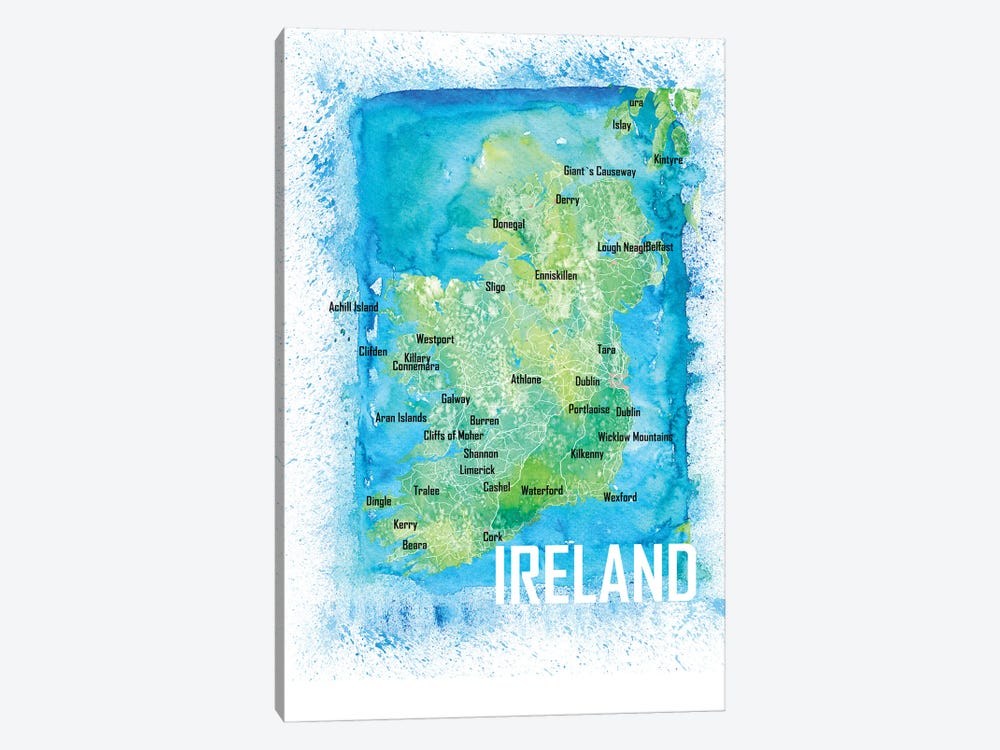 Ireland Watercolor Map With Cities And Roads by Markus & Martina Bleichner 1-piece Canvas Artwork