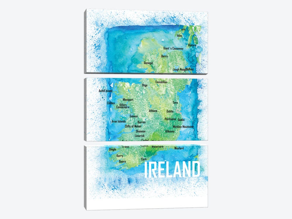 Ireland Watercolor Map With Cities And Roads by Markus & Martina Bleichner 3-piece Canvas Artwork