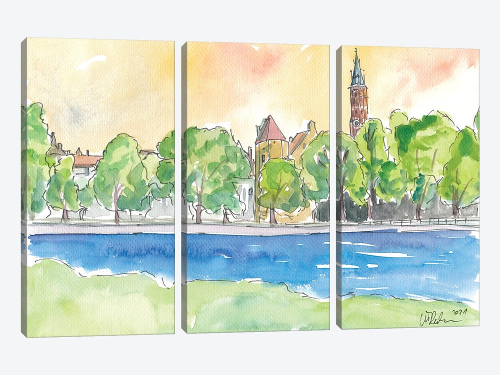 Landshut River View Isar St Martin And Roeckl Tower by Markus & Martina Bleichner 3-piece Canvas Art Print