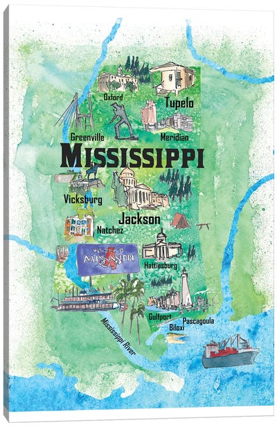 USA, Mississippi Illustrated Travel Poster Canvas Art Print - State Maps