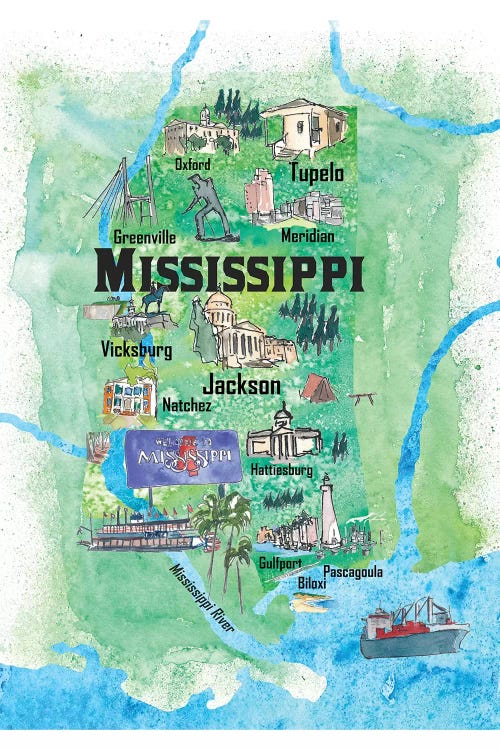 USA, Mississippi Illustrated Travel Poster