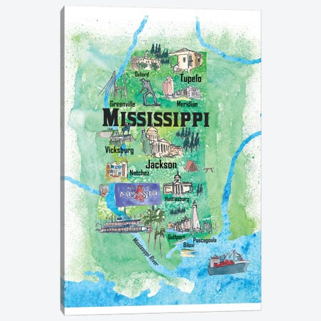 USA, Mississippi Illustrated Travel Poster Canvas Print #MMB58} by Markus & Martina Bleichner Canvas Artwork