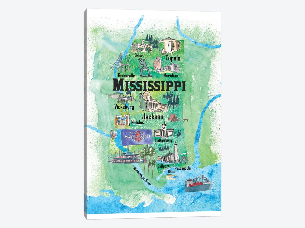 USA, Mississippi Illustrated Travel Poster by Markus & Martina Bleichner 1-piece Canvas Wall Art
