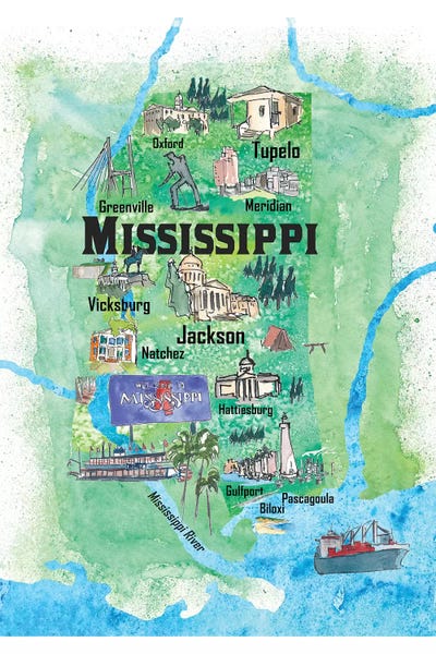 Mississippi: USA, Mississippi Illustrated Travel Poster by Markus & Martina Bleichner