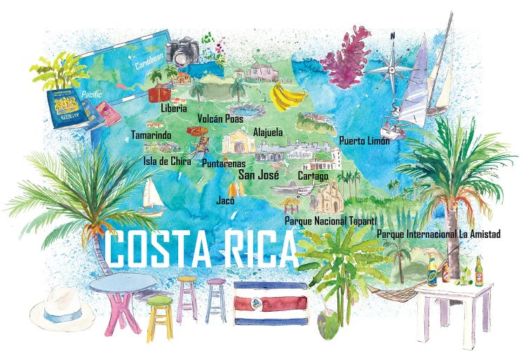 Costa Rica Illustrated Travel Map With Roads And Highlights