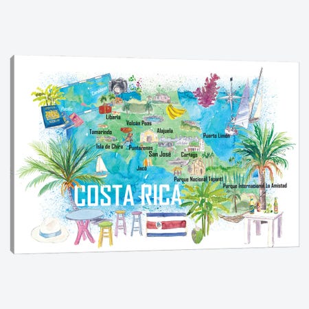 Costa Rica Illustrated Travel Map With Roads And Highlights Canvas Print #MMB596} by Markus & Martina Bleichner Canvas Wall Art