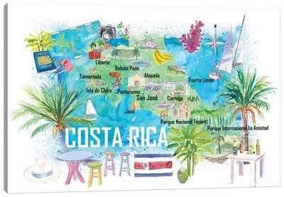 Costa Rica Illustrated Travel Map With Roads And Highlights Canvas Art Print - Central America