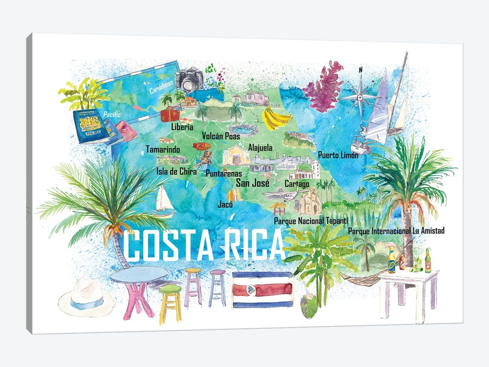Costa Rica Illustrated Travel Map With Roads And Highlights by Markus & Martina Bleichner 1-piece Canvas Wall Art