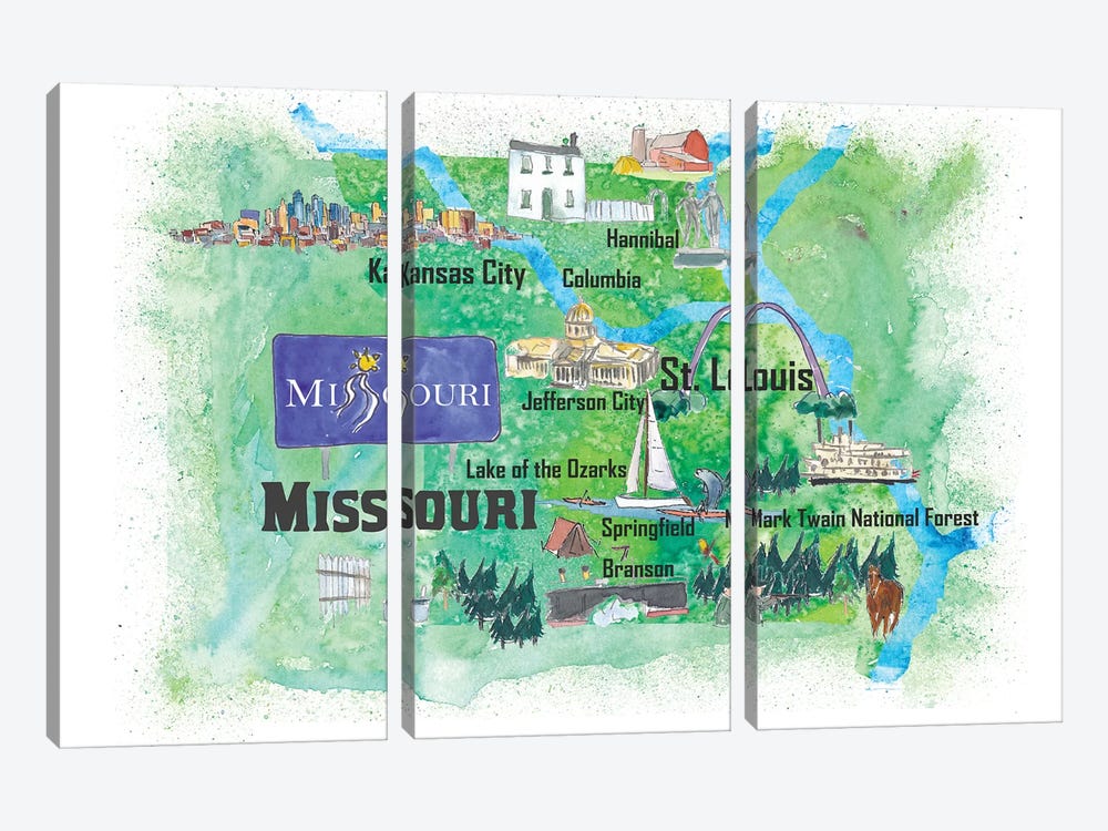 USA, Missouri Illustrated Travel Poster by Markus & Martina Bleichner 3-piece Canvas Print
