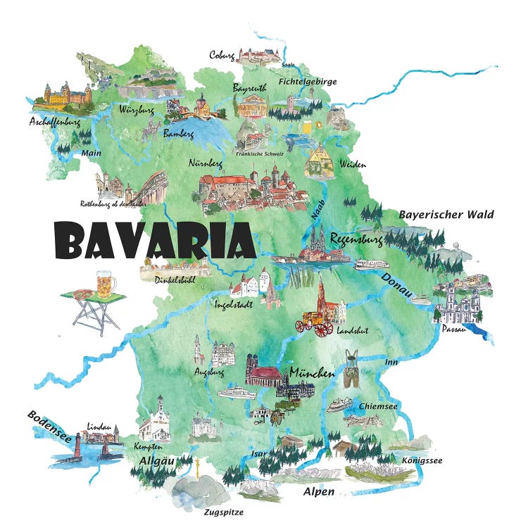 Bavaria, Germany Illustrated Travel Poster