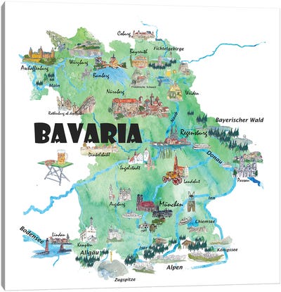 Bavaria, Germany Illustrated Travel Poster Canvas Art Print
