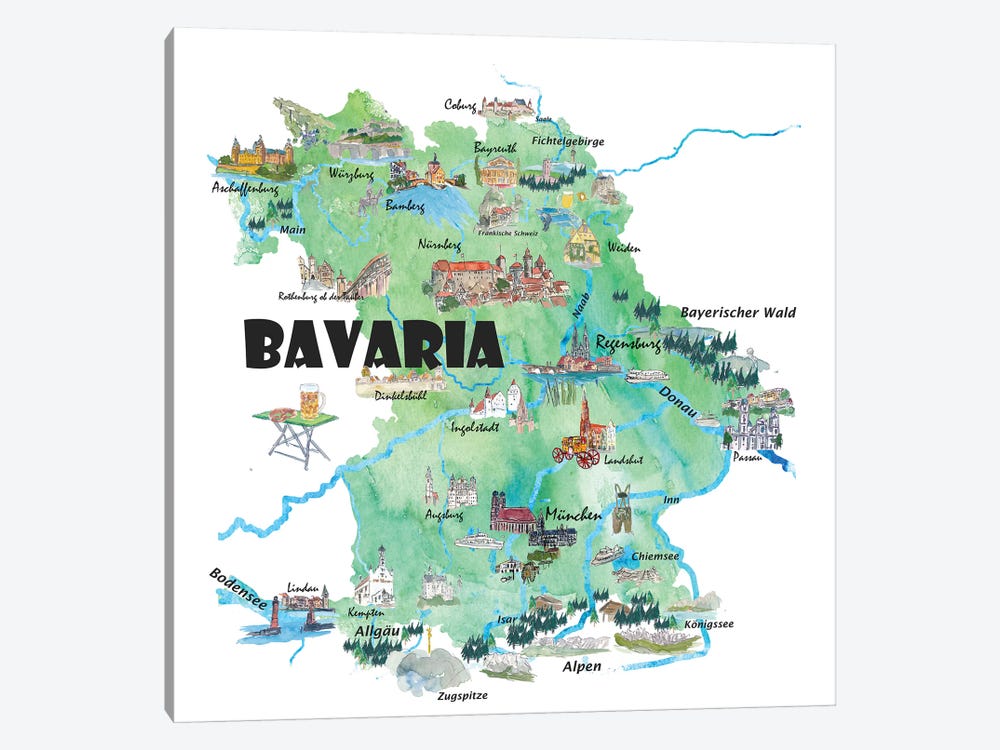 Bavaria, Germany Illustrated Travel Poster by Markus & Martina Bleichner 1-piece Canvas Art