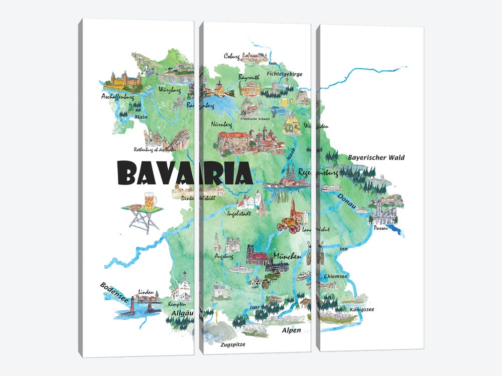 Bavaria, Germany Illustrated Travel Poster by Markus & Martina Bleichner 3-piece Canvas Art