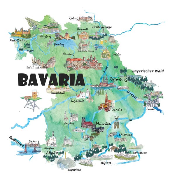 Markus & Martina Bleichner: Bavaria, Germany Illustrated Travel Poster by Markus & Martina Bleichner