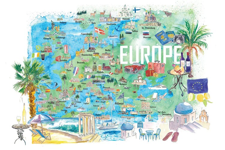 Europe Illustrated Travel Map With Tourist Highlights And Attractions