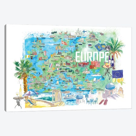 Europe Illustrated Travel Map With Tourist Highlights And Attractions Canvas Print #MMB600} by Markus & Martina Bleichner Art Print