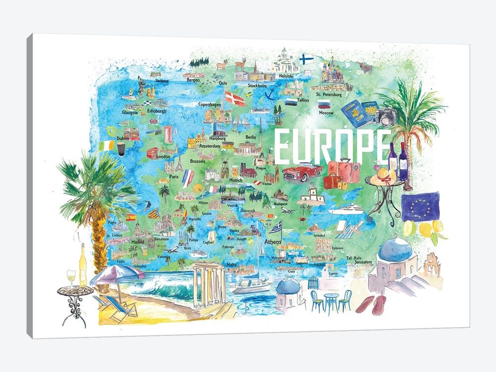 Europe Illustrated Travel Map With Tourist Highlights And Attractions by Markus & Martina Bleichner 1-piece Art Print