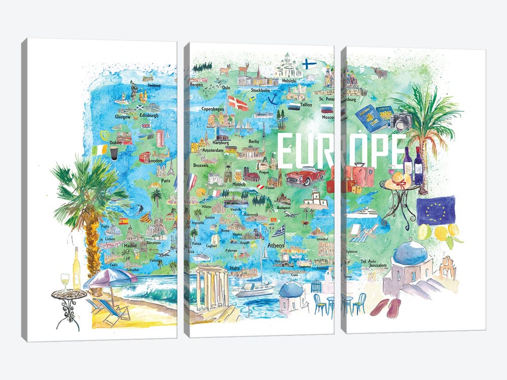 Europe Illustrated Travel Map With Tourist Highlights And Attractions by Markus & Martina Bleichner 3-piece Canvas Print