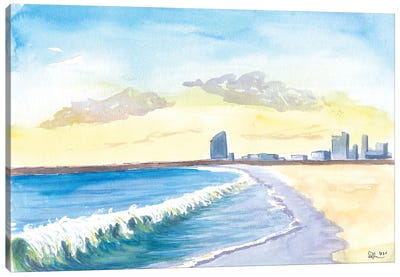 Beach Waves At City Beach Of Barcelona Canvas Art Print - Catalonia Art