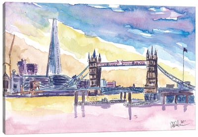 Modern London UK Sunset With Tower Bridge And Skyscrapers Canvas Art Print - London Skylines
