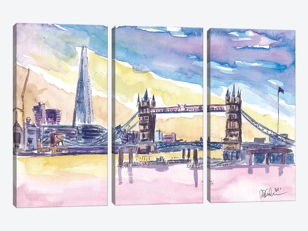 Modern London UK Sunset With Tower Bridge And Skyscrapers by Markus & Martina Bleichner 3-piece Canvas Print