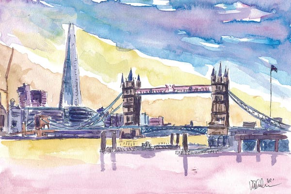 London Skylines: Modern London UK Sunset With Tower Bridge And Skyscrapers by Markus & Martina Bleichner