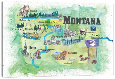 USA, Montana Illustrated Travel Poster Canvas Art Print - State Maps
