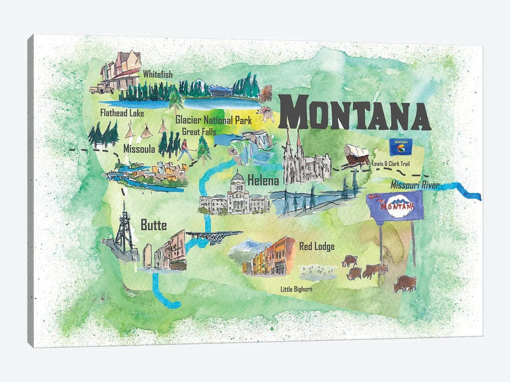 USA, Montana Illustrated Travel Poster by Markus & Martina Bleichner 1-piece Canvas Art Print
