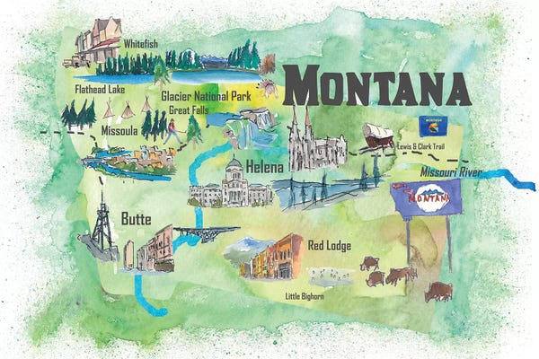 Kids Map Art: USA, Montana Illustrated Travel Poster by Markus & Martina Bleichner