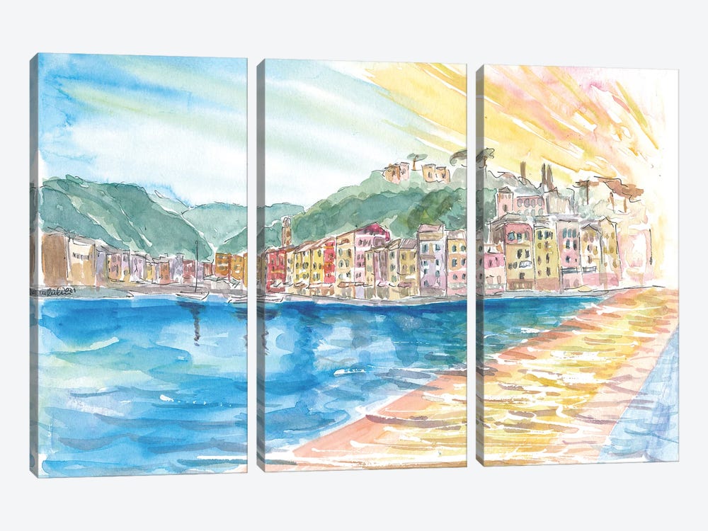 Astonishing Portofino Italy Waterfront With Sunset by Markus & Martina Bleichner 3-piece Canvas Print