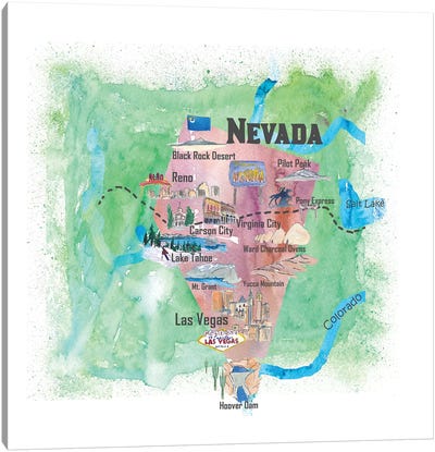 USA, Nevada Illustrated Travel Poster Canvas Art Print - Kids Map Art