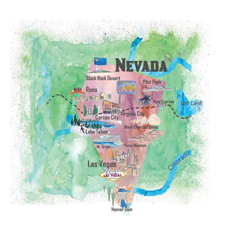 USA, Nevada Illustrated Travel Poster