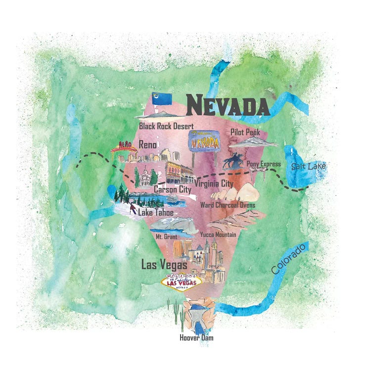 USA, Nevada Illustrated Travel Poster by Markus & Martina Bleichner wall art
